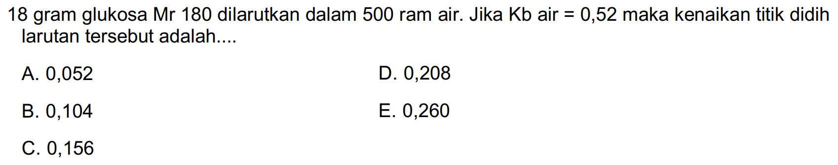 18 gram glukosa Mr 180 dilarutkan dalam 500 ram air. Jika Kb air = 0,52 maka kenaikan titik didih larutan tersebut adalah....