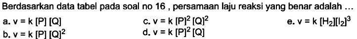 Berdasarkan data tabel pada soal no 16 , persamaan laju reaksi yang benar adalah ...