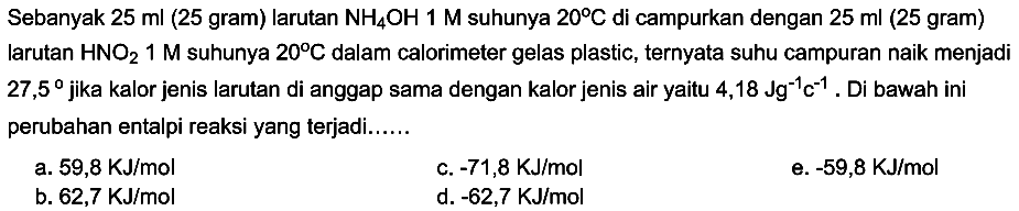 Sebanyak  25 ml  (25 gram) larutan  NH4 OH 1 M  suhunya  20 C  di campurkan dengan  25 ml (25 gram) larutan  HNO2 1 M  suhunya  20 C  dalam calorimeter gelas plastic, ternyata suhu campuran naik menjadi  27,5  jika kalor jenis larutan di anggap sama dengan kalor jenis air yaitu  4,18 Jg^(-1)c^(-1). Di bawah ini perubahan entalpi reaksi yang terjadi......