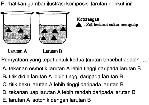 Perhatikan gambar ilustrasi komposisi larutan berikut ini! 
Keterangan segitiga :Zat terlarut sukar menguap 
Larutan A segitiga segitiga segitiga Larutan B segitiga segitiga segitiga segitiga segitiga 
Pernyataan yang tepat untuk kedua larutan tersebut adalah ... 
A. tekanan osmotik larutan A lebih tinggi daripada larutan B 
B. titik didih larutan A lebih tinggi daripada larutan B 
C. titik beku larutan A lebih tinggi daripada larutan B 
D. tekanan uap larutan A lebih rendah daripada larutan B 
E. larutan A isotonik dengan larutan B 