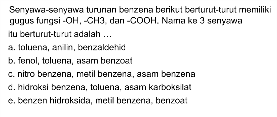 Senyawa-senyawa turunan benzena berikut berturut-turut memiliki gugus fungsi -OH, -CH3, dan -COOH. Nama ke 3 senyawa itu berturut-turut adalah