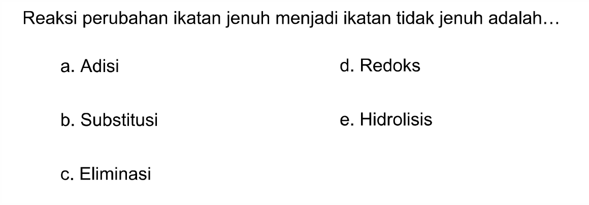 Reaksi perubahan ikatan jenuh menjadi ikatan tidak jenuh adalah...