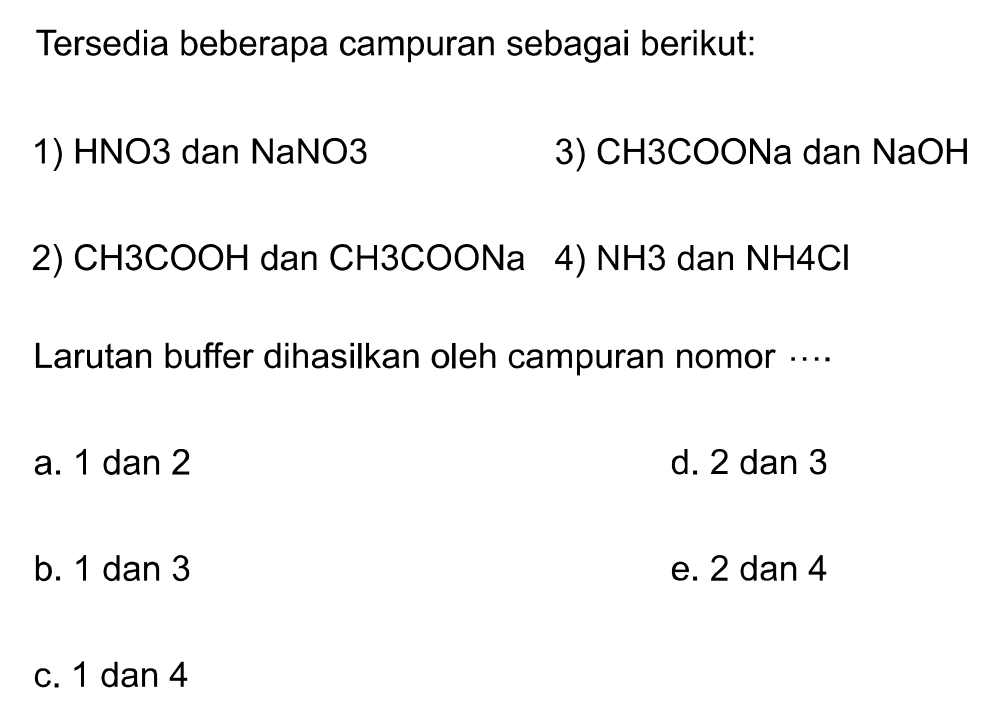 Tersedia beberapa campuran sebagai berikut:
1) HNO3 dan NaNO3
3) CH 3 COONa dan NaOH
2) CH 3 COOH dan CH 3 COONa
4) NH 3  dan NH 4 Cl
Larutan buffer dihasilkan oleh campuran nomor ....
a. 1 dan 2
d. 2 dan 3
b. 1 dan 3
e. 2 dan 4
c. 1 dan 4