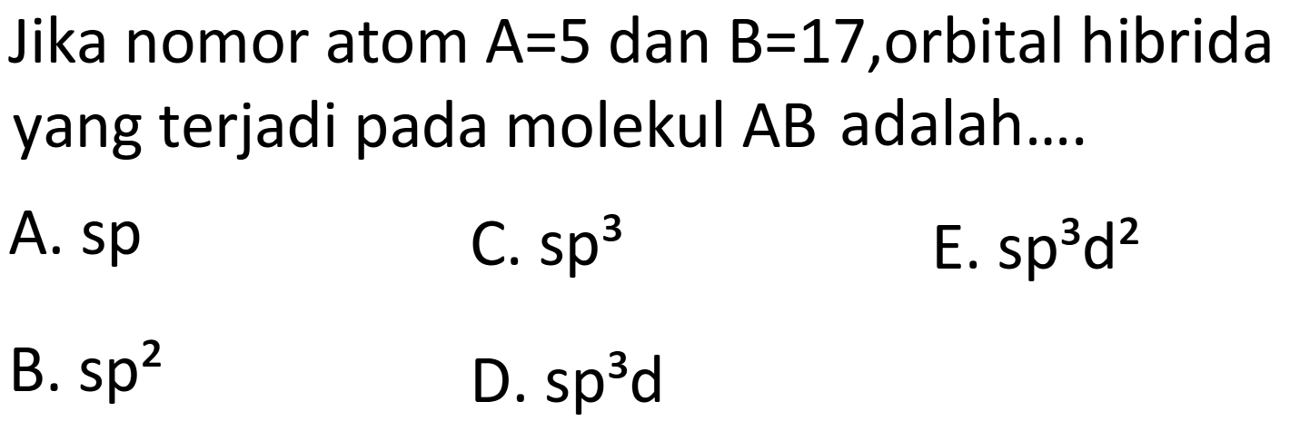 Jika nomor atom A=5 dan B=17, orbital hibrida yang terjadi pada molekul AB adalah . . .