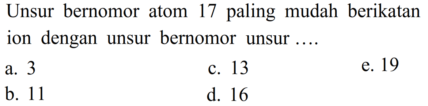 Unsur bernomor atom 17 paling mudah berikatan ion dengan unsur bernomor unsur .... 