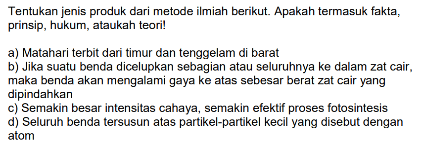 Tentukan jenis produk dari metode ilmiah berikut. Apakah termasuk fakta, prinsip, hukum, ataukah teori!
a) Matahari terbit dari timur dan tenggelam di barat
b) Jika suatu benda dicelupkan sebagian atau seluruhnya ke dalam zat cair, maka benda akan mengalami gaya ke atas sebesar berat zat cair yang dipindahkan
c) Semakin besar intensitas cahaya, semakin efektif proses fotosintesis
d) Seluruh benda tersusun atas partikel-partikel kecil yang disebut dengan atom