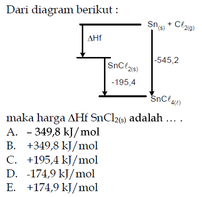 Dari diagram berikut : Sn(s)+Cl2(g) -545,2 SnCl4(l) -195,4 SnCl2(l) delta H maka harga delta Hf SnCl2(s) adalah .... 