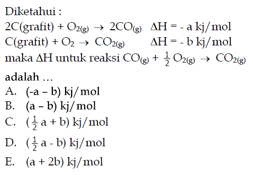 Diketahui :  2C(grafit) + O2(g) -> 2CO(g) delta H=-a kj/mol   C(grafit) + O2 -> CO2(g)  delta H=-b kj/mol  maka  delta H  untuk reaksi  CO(g) + 1/2 O2(g) -> CO2(g)  adalah ...