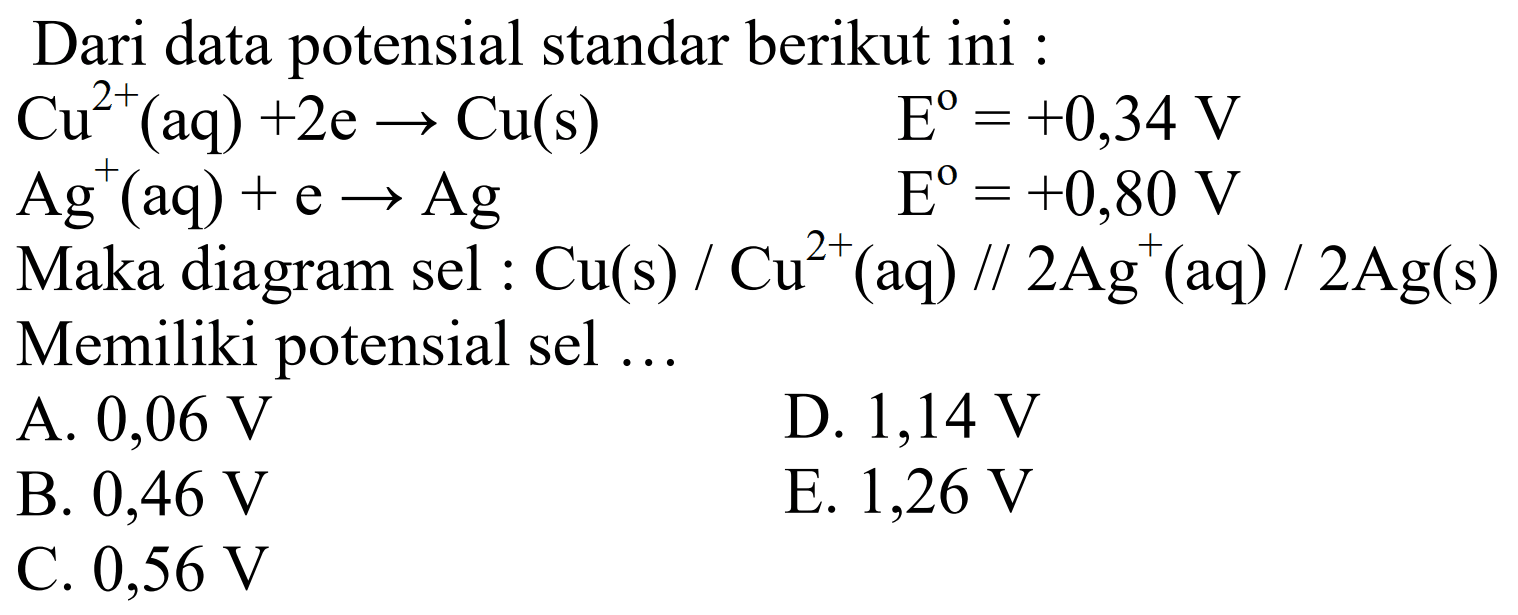 Dari data potensial standar berikut ini :Cu^2+(aq)+2 e -> Cu(s) E^o=+0,34 V Ag^+(aq)+e -> Ag E^o=+0,80 V Maka diagram sel :  Cu(s)/Cu^2+(aq)// 2 Ag^+(aq)/2 Ag(s) Memiliki potensial sel ...