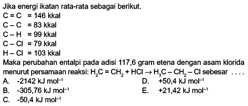 Jika energi ikatan rata-rata sebagai berikut.C=C=146 kkal C-C=83 kkal C-H=99 kkal C-Cl=79 kkal H-Cl=103 kkalMaka perubahan entalpi pada adisi 117,6 gram etena dengan asam klorida menurut persamaan reaksi:  H2C=CH2+HCl-->H3C-CH2-Cl  sebesar  ... 