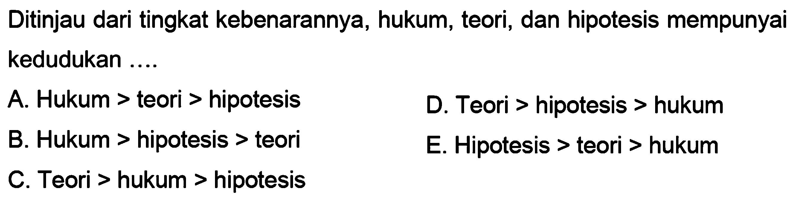 Ditinjau dari tingkat kebenarannya, hukum, teori, dan hipotesis mempunyai kedudukan ....