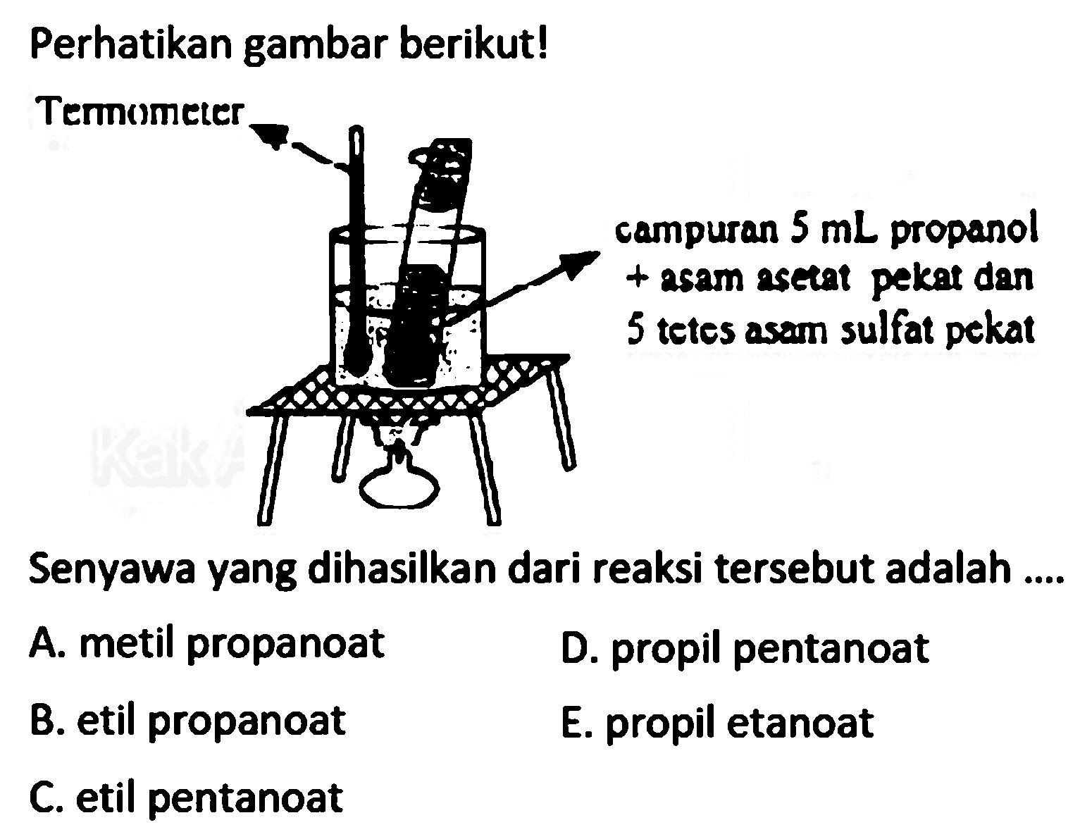 Perhatikan gambar berikut! Temometer 
campuran 5 mL propanol + asam asetat pekat dan 5 tetes asam sulfat pekat 
Senyawa yang dihasilkan dari reaksi tersebut adalah 
A. metil propanoat D. propil pentanoat B. etil propanoat E. propil etanoat C. etil pentanoat 