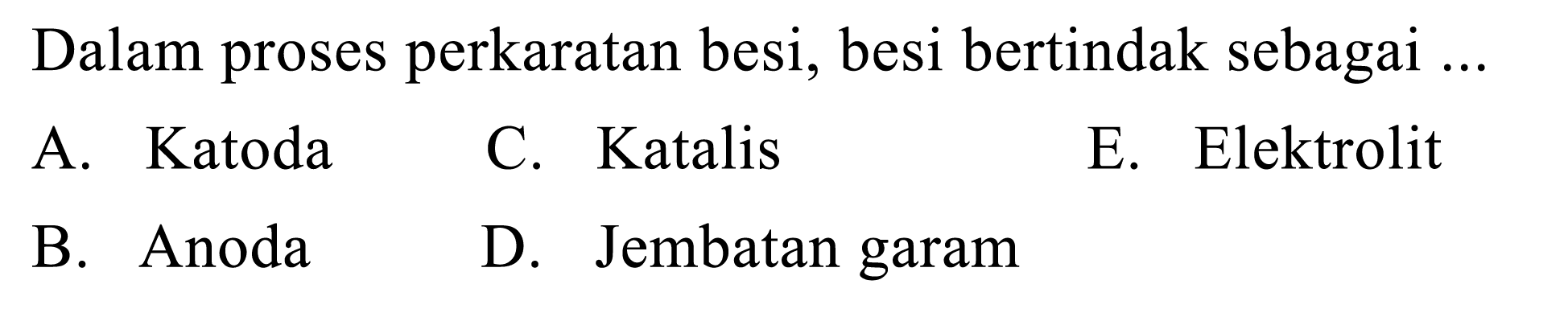 Dalam proses perkaratan besi, besi bertindak sebagai ...A. Katoda C. Katalis E. Elektrolit B. Anoda D. Jembatan garam 