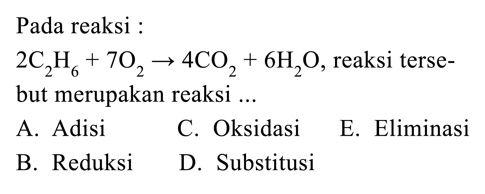 Pada reaksi :
 2C2H6 + 7O2 -> 4CO2 + 6H2O , reaksi tersebut merupakan reaksi ...
