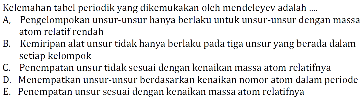 Kelemahan tabel periodik yang dikemukakan oleh mendeleyev adalah ....
A, Pengelompokan unsur-unsur hanya berlaku untuk unsur-unsur dengan massa atom relatif rendah
B. Kemiripan alat unsur tidak hanya berlaku pada tiga unsur yang berada dalam setiap kelompok
C. Penempatan unsur tidak sesuai dengan kenaikan massa atom relatifnya
D. Menempatkan unsur-unsur berdasarkan kenaikan nomor atom dalam periode
E. Penempatan unsur sesuai dengan kenaikan massa atom relatifnya