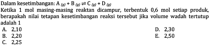 Dalam kesetimbangan: A(g) + B(g) <=> C(g) + D(g) Ketika 1 mol masing-masing reaktan dicampur, terbentuk 0,6 mol setiap produk, berapakah nilai tetapan kesetimbangan reaksi tersebut jika volume wadah tertutup adalah 1 