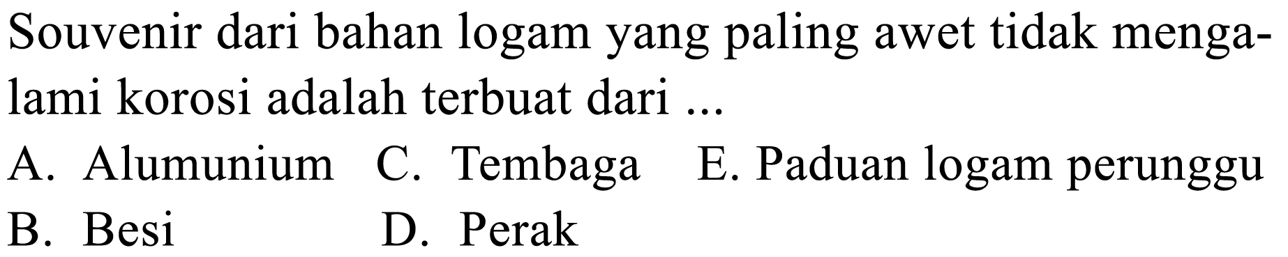 Souvenir dari bahan logam yang paling awet tidak mengalami korosi adalah terbuat dari ...
