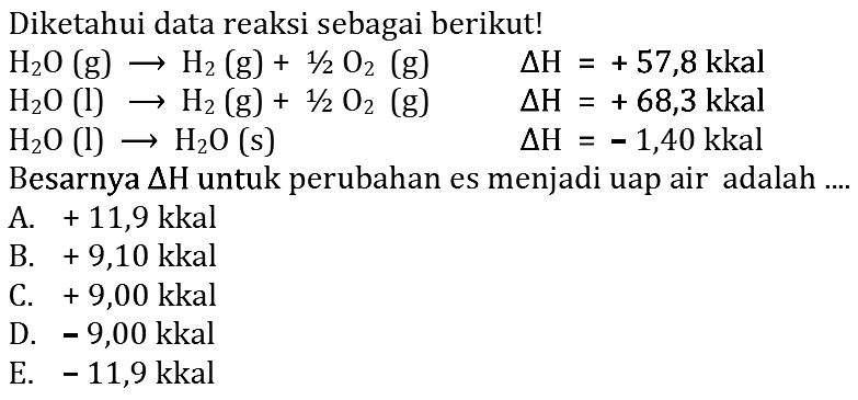 Diketahui data reaksi sebagai berikut!H2O(g) -> H2(g)+1/2O2(g) segitiga H=+57,8 kkal H2O(l) -> H2(g)+1/2O2(g) segitiga H=+68,3 kkal H2O(l) -> H2O(s) Besarnya segitiga H untuk perubahan es menjadi uap air adalah ... 