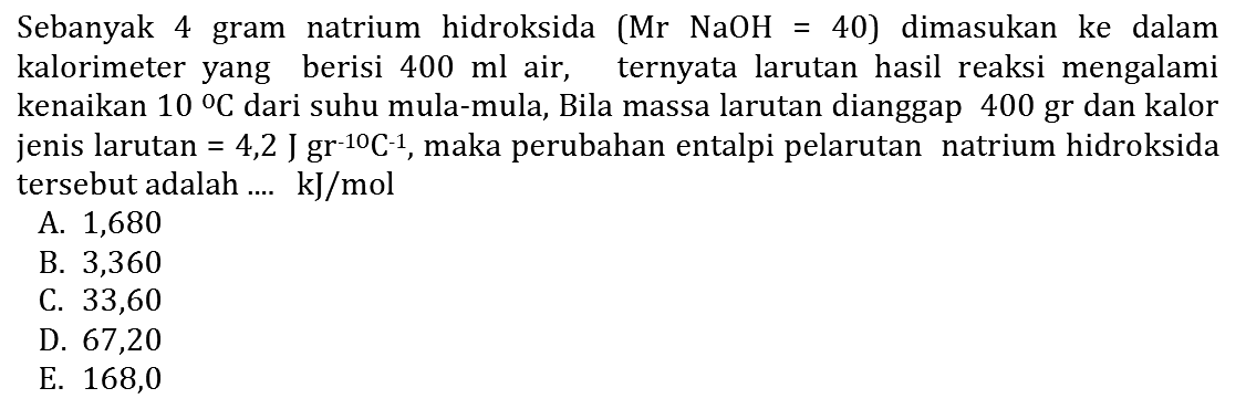 Sebanyak 4 gram natrium hidroksida (Mr NaOH=40) dimasukan ke dalam kalorimeter yang berisi 400 ml air, ternyata larutan hasil reaksi mengalami kenaikan 10 C dari suhu mula-mula, Bila massa larutan dianggap 400 gr dan kalor jenis larutan=4,2 J gr^(-1)C^(-1), maka perubahan entalpi pelarutan natrium hidroksida tersebut adalah .... kJ/mol 