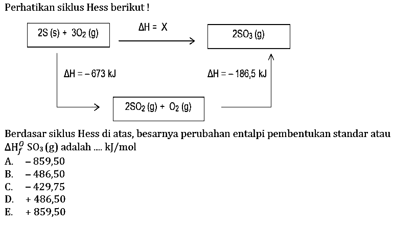 Perhatikan siklus Hess berikut!Berdasar siklus Hess di atas, besarnya perubahan entalpi pembentukan standar atau delta Hf SO3(g)  adalah ....  kJ/mol 