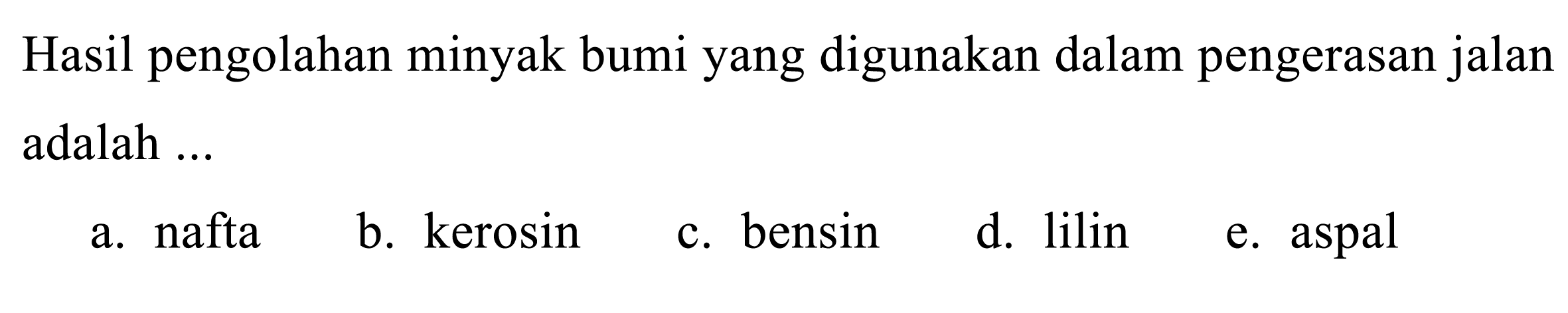 Hasil pengolahan minyak bumi yang digunakan dalam pengerasan jalan adalah ....