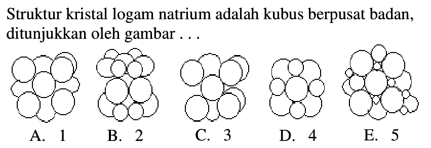 Struktur kristal logam natrium adalah kubus berpusat badan, ditunjukkan oleh gambar ...
