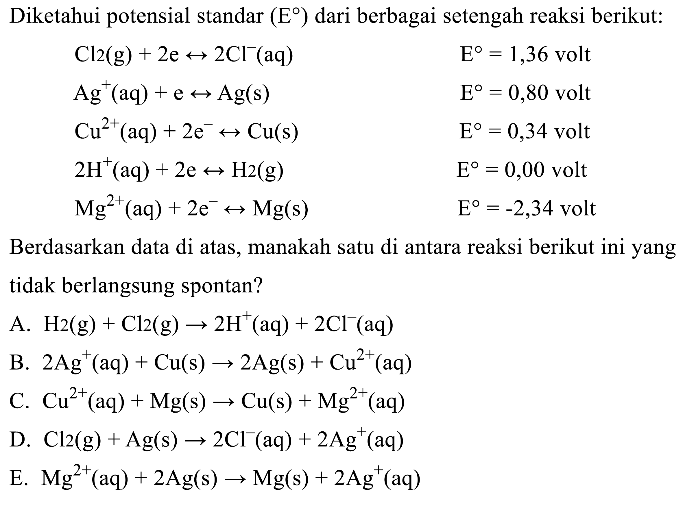 Diketahui potensial standar  (E)  dari berbagai setengah reaksi berikut:

l
Cl 2(g)+2 e <--> 2 Cl^-(aq)  E=1,36 volt 
Ag^+(aq)+e <--> Ag(s)  E=0,80 volt 
Cu^2+(aq)+2 e^- <--> Cu(s)  E=0,34 volt 
2 H^+(aq)+2 e <--> H 2(g)  E=0,00 volt 
Mg^2+(aq)+2 e^- <--> Mg(s)  E=-2,34 volt


Berdasarkan data di atas, manakah satu di antara reaksi berikut ini yang tidak berlangsung spontan?
A. H 2(g)+Cl2(g) -> 2 H^+(aq)+2 Cl^-(aq) 
B.  2 Ag^+(aq)+Cu(s) -> 2 Ag(s)+Cu^2+(aq) 
C. Cu^2+(aq)+Mg(s) -> Cu(s)+Mg^2+(aq) 
D. Cl 2(g)+Ag(s) -> 2 Cl^-(aq)+2 Ag^+(aq) 
E. Mg^2+(aq)+2 Ag(s) -> Mg(s)+2 Ag^+(aq) 