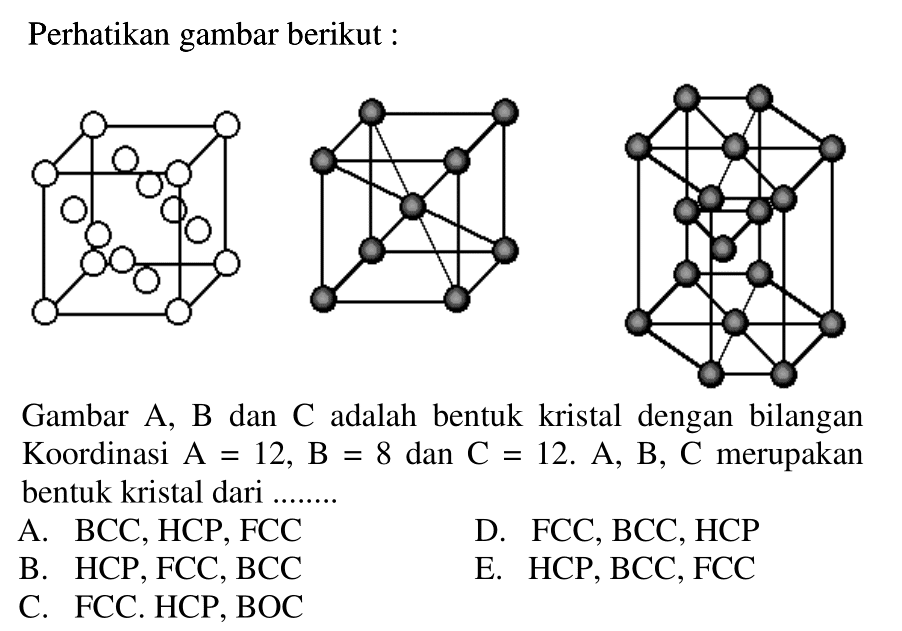 Perhatikan gambar berikut : 
Gambar A, B dan C adalah bentuk kristal dengan bilangan Koordinasi A = 12, B = 8 dan C = 12. A, B, C merupakan bentuk kristal dari ....