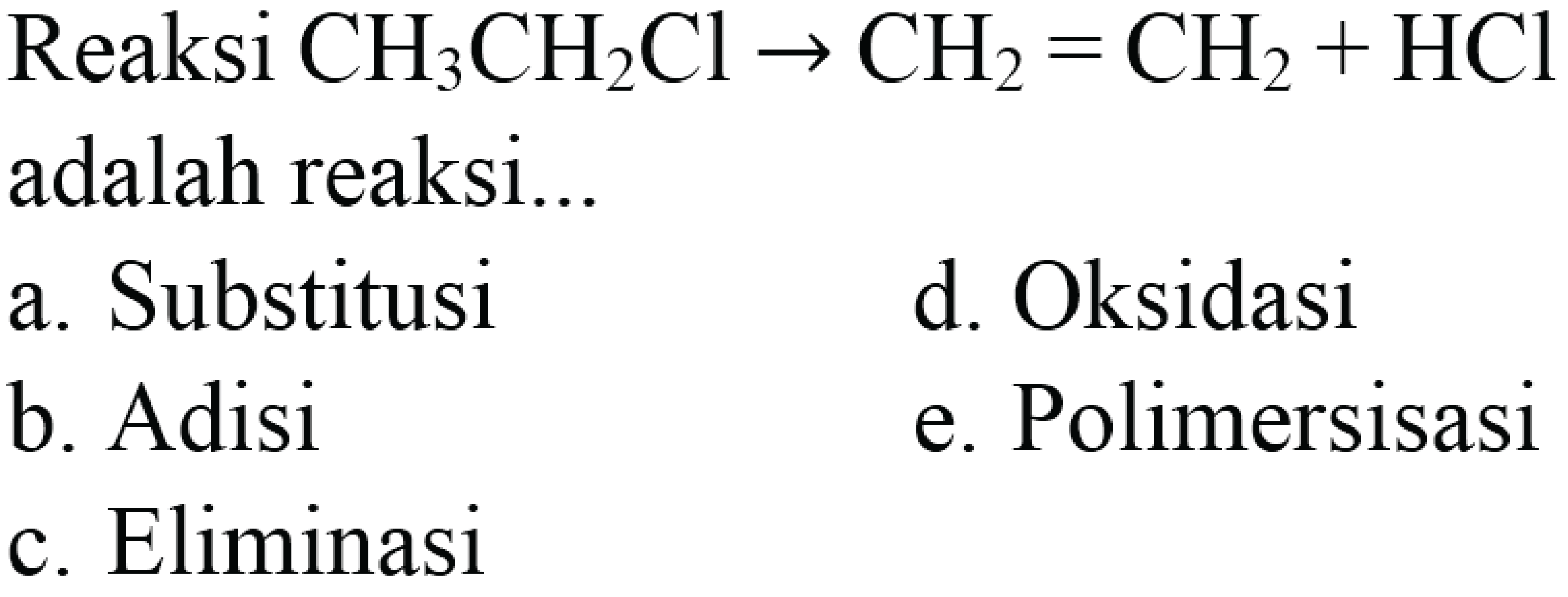 Reaksi  CH3 CH2 Cl -> CH2=CH2+HCl adalah reaksi...      