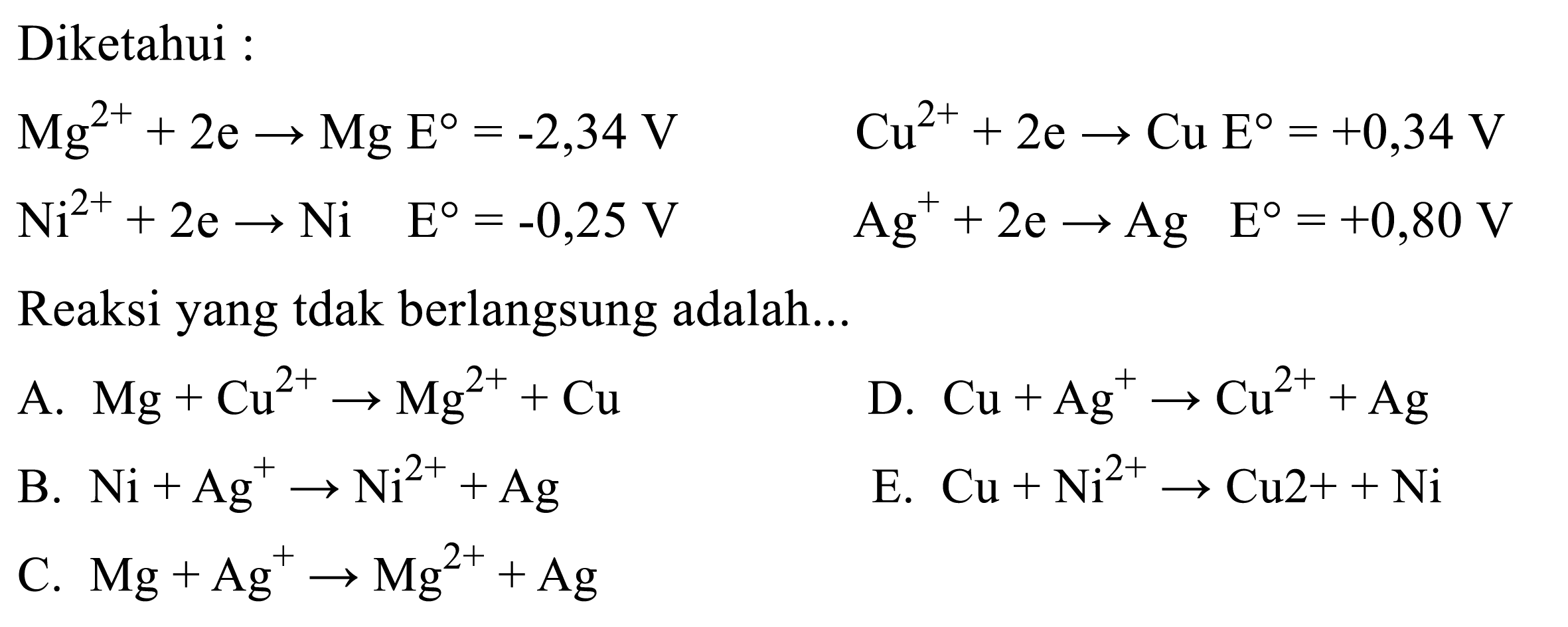 Diketahui :
 lMg^2++2 e -> Mg E=-2,34 V  Cu^2++2 e -> Cu E=+0,34 V  Ni^2++2 e -> Ni  E=-0,25 V  Ag^++2 e -> Ag  E=+0,80 V
Reaksi yang tdak berlangsung adalah...
A. Mg+Cu^2+ -> Mg^2++Cu
D. Cu+Ag^+ -> Cu^2++Ag
B. Ni+Ag^+ -> Ni^2++Ag
E. Cu+Ni^2+ -> Cu 2++Ni
C. Mg+Ag^+ -> Mg^2++Ag