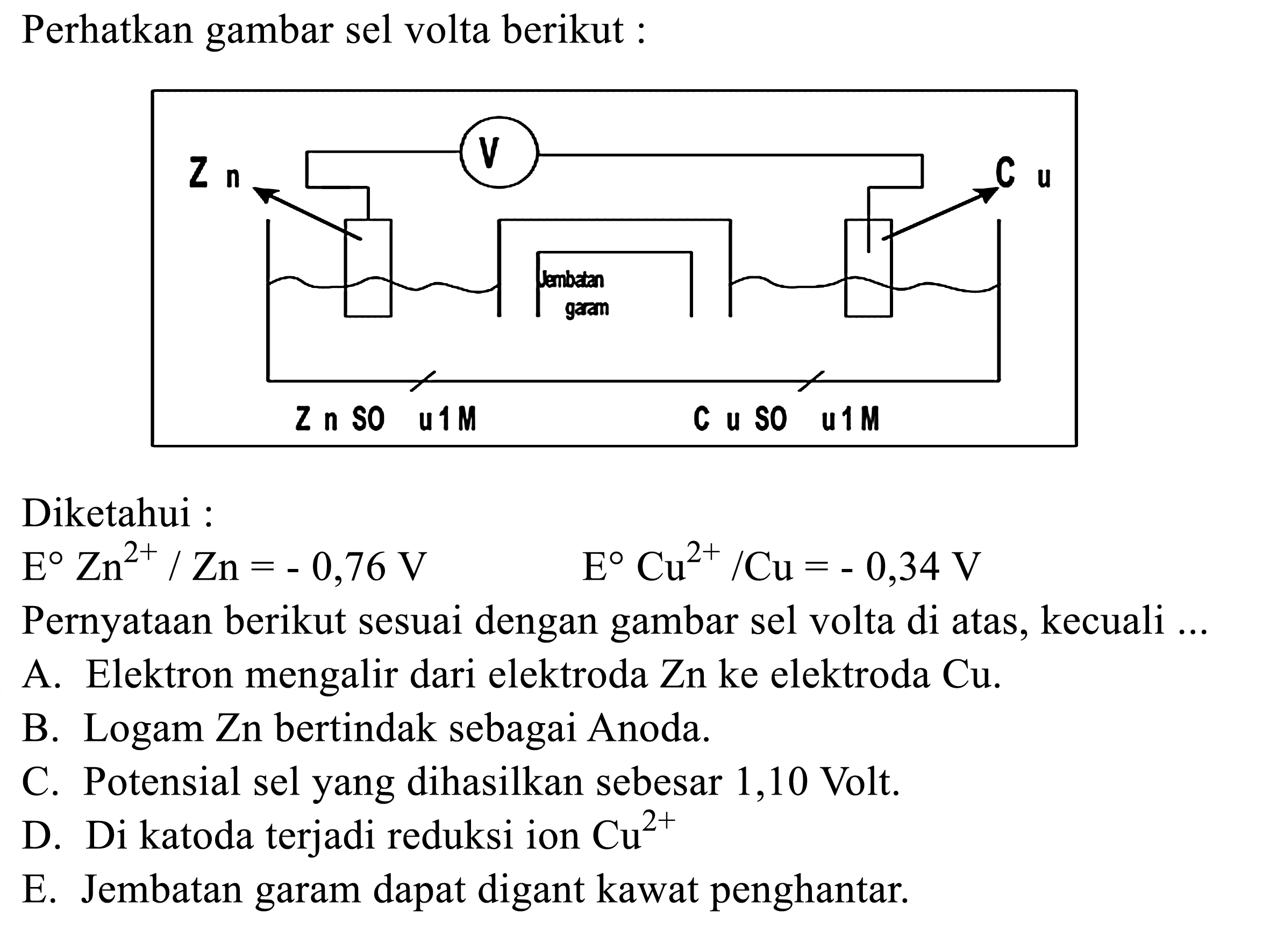 Perkan gambar sel volta berikut : Diketahui : E Zn^(2+)/Zn=-0,76 V  E Cu^(2+)/Cu=-0,34 V Pernyataan berikut sesuai dengan gambar sel volta di atas, kecuali ...