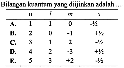 Bilangan kuantum yang diijinkan adalah...
n l m s
A. 1 1 0 - 1/2
B. 2 0 -1 + 1/2
C. 3 1 2 - 1/2
D. 4 2 -3 + 1/2
E. 5 3 +2 - 1/2