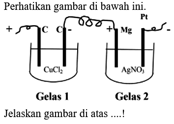 Perhatikan gambar di bawah ini. + C Cl^- CuCl2 Gelas 1 + Mg Pt - AgNO3 Jelaskan gambar di atas ....!