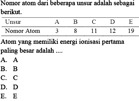 Nomor atom dari beberapa unsur adalah sebagai berikut. 
Unsur A B C D E Nomor Atom 3 8 11 12 19 Atom yang memiliki energi ionisasi pertama paling besar adalah A. A B. B C. C D. D E. E