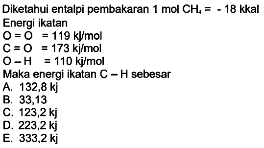 Diketahui entalpi pembakaran 1 mol CH4=(-18) kkal Energi ikatan O = O=119 kj/mol C = O=173 kj/mol O - H=110 kj/mol Maka energi ikatan C - H sebesar .... 