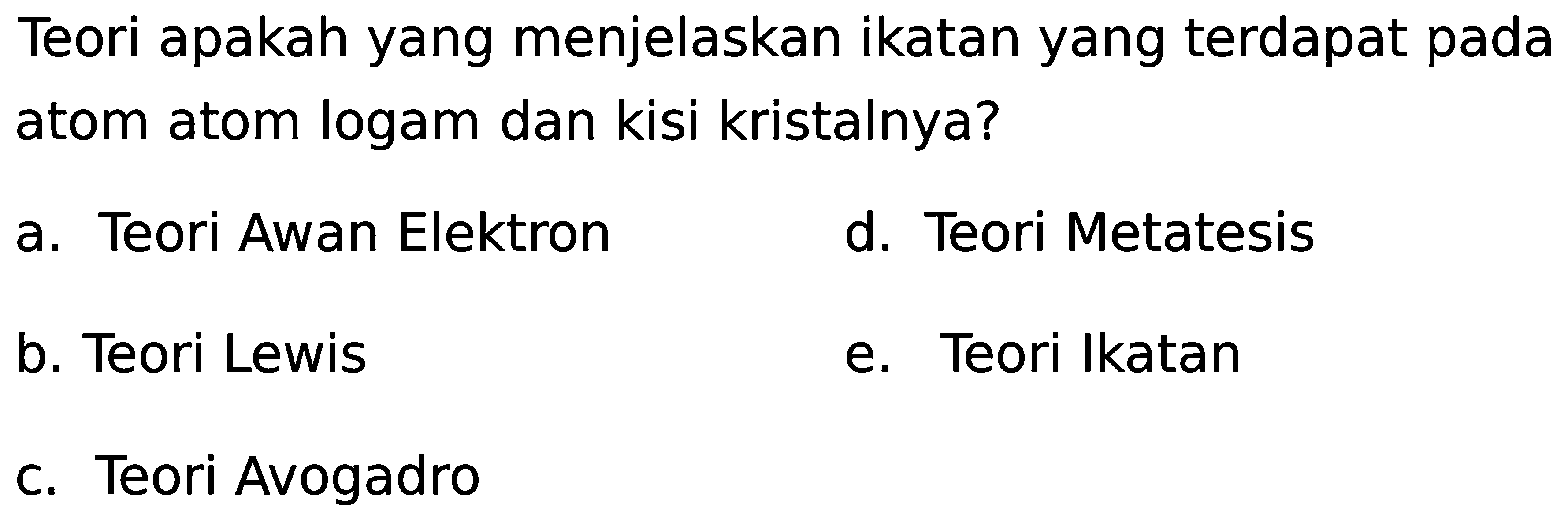 Teori apakah yang menjelaskan ikatan yang terdapat pada atom atom logam dan kisi kristalnya?
