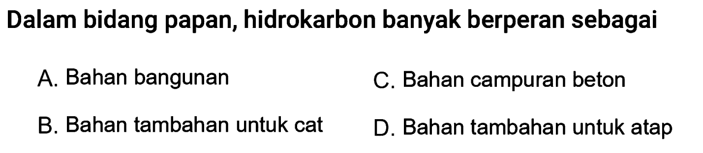 Dalam bidang papan, hidrokarbon banyak berperan sebagai
A. Bahan bangunan
C. Bahan campuran beton
B. Bahan tambahan untuk cat
D. Bahan tambahan untuk atap