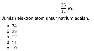 23 11 Na 
Jumlah elektron atom unsur natrium adalah...