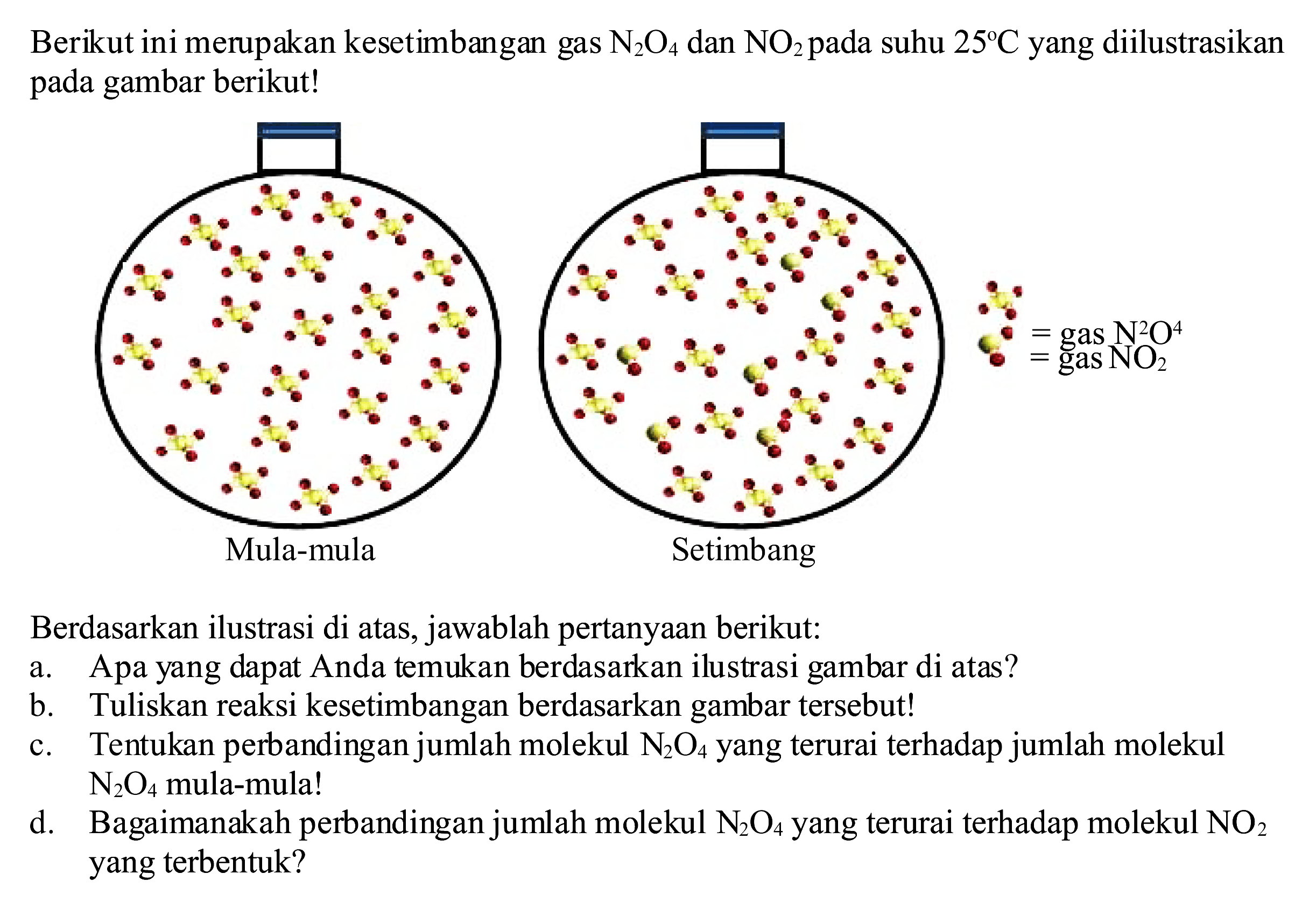 Berikut ini merupakan kesetimbangan gas  N2O4  dan  NO2  pada suhu  25 C  yang diilustrasikan pada gambar berikut!
Berdasarkan ilustrasi di atas, jawablah pertanyaan berikut:
a. Apa yang dapat Anda temukan berdasarkan ilustrasi gambar di atas?
b. Tuliskan reaksi kesetimbangan berdasarkan gambar tersebut!
c. Tentukan perbandingan jumlah molekul  N2O4  yang terurai terhadap jumlah molekul  N2O4  mula-mula!
d. Bagaimanakah perbandingan jumlah molekul  N2O4  yang terurai terhadap molekul  NO2  yang terbentuk?