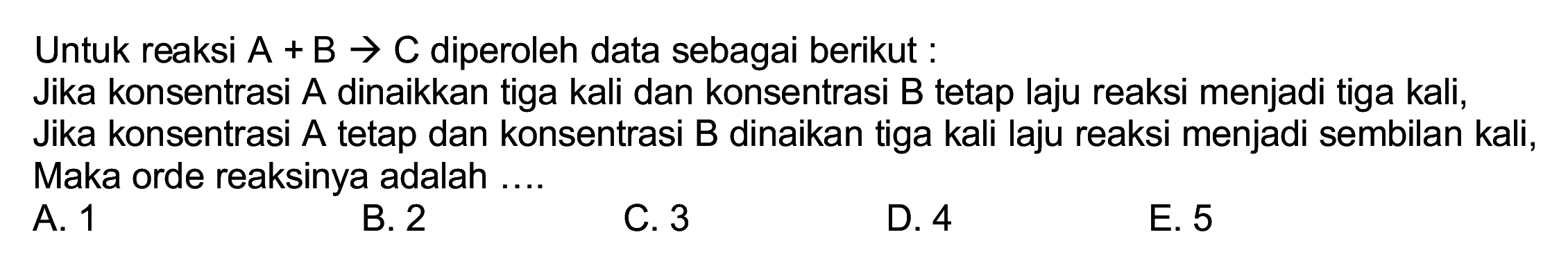 Untuk reaksi  A+B -> C  diperoleh data sebagai berikut:
Jika konsentrasi A dinaikkan tiga kali dan konsentrasi B tetap laju reaksi menjadi tiga kali, Jika konsentrasi A tetap dan konsentrasi B dinaikan tiga kali laju reaksi menjadi sembilan kali, Maka orde reaksinya adalah ....
A. 1
B. 2
C. 3
D. 4
E. 5