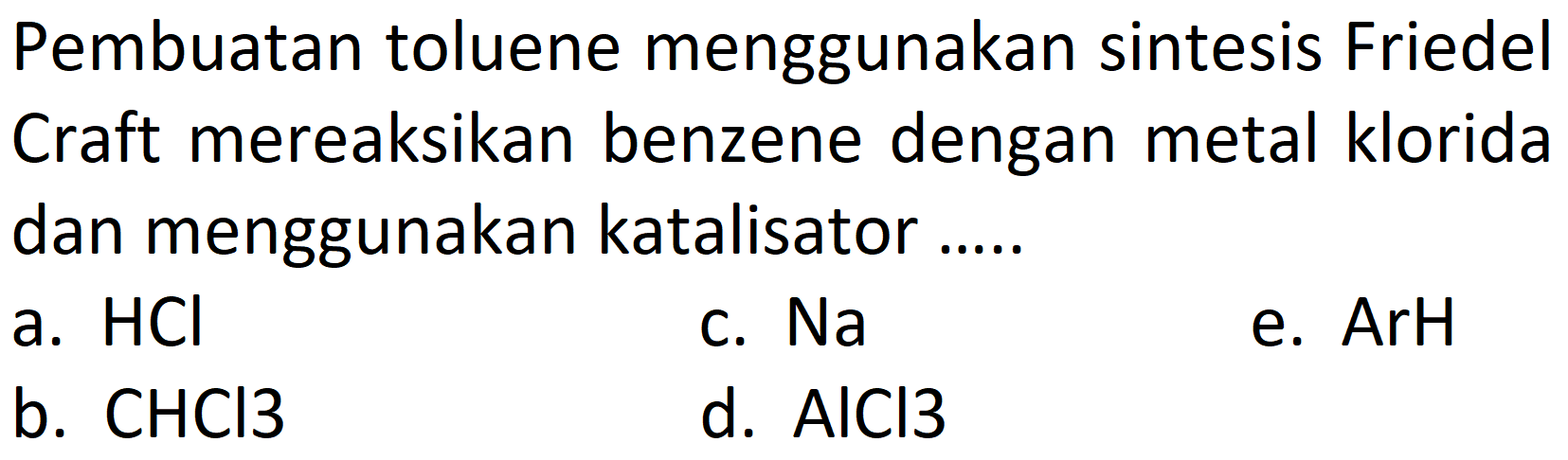 Pembuatan toluene menggunakan sintesis Friedel Craft mereaksikan benzene dengan metal klorida dan menggunakan katalisator .....
