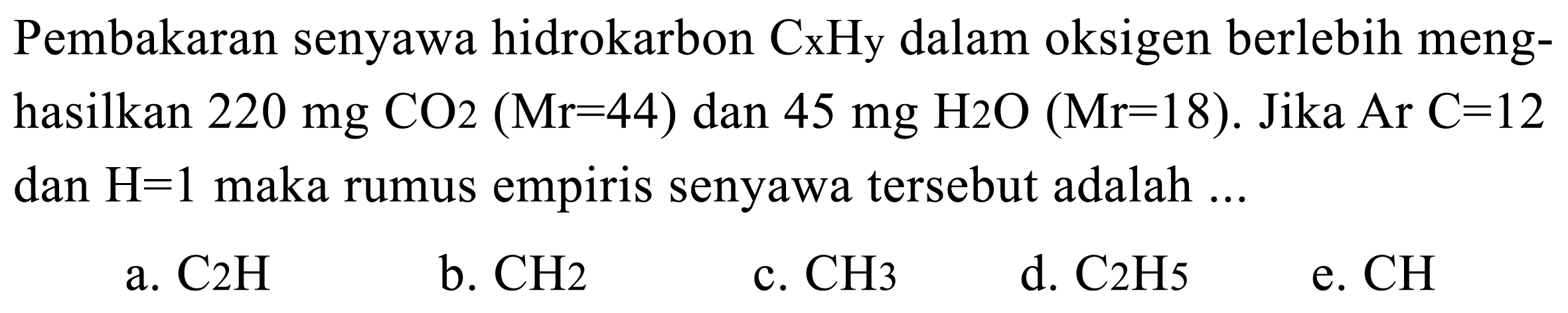 Pembakaran senyawa hidrokarbon CxHy dalam oksigen berlebih menghasilkan 220 mg CO2 (Mr=44) dan 45 mg H2O (Mr=18). Jika Ar C=12 dan H=1 maka rumus empiris senyawa tersebut adalah