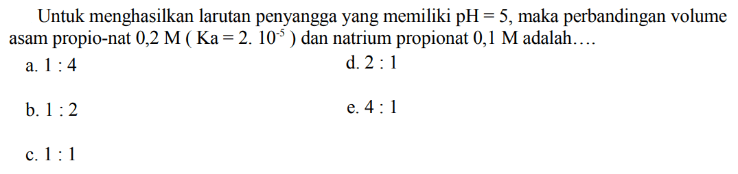 Untuk menghasilkan larutan penyangga yang memiliki pH=5 , maka perbandingan volume asam propio-nat  0,2 M(Ka=2.10^-5)  dan natrium propionat  0,1 M adalah....
a.  1: 4 
d. 2 : 1
b.  1: 2 
e.  4: 1 
c.  1: 1 