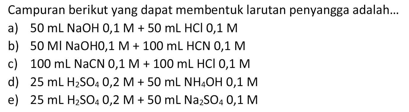 Campuran berikut yang dapat membentuk larutan penyangga adalah...
a)  50 mL NaOH 0,1 M+50 mL HCl 0,1 M
b)  50 Ml NaOH 0,1 M+100 mL HCN 0,1 M
c)  100 mL NaCN 0,1 M+100 mL HCl 0,1 M
d)  25 mL H2 SO4 0,2 M+50 mL NH4 OH 0,1 M
e)  25 mL H2 SO4 0,2 M+50 mL Na2 SO4 0,1 M