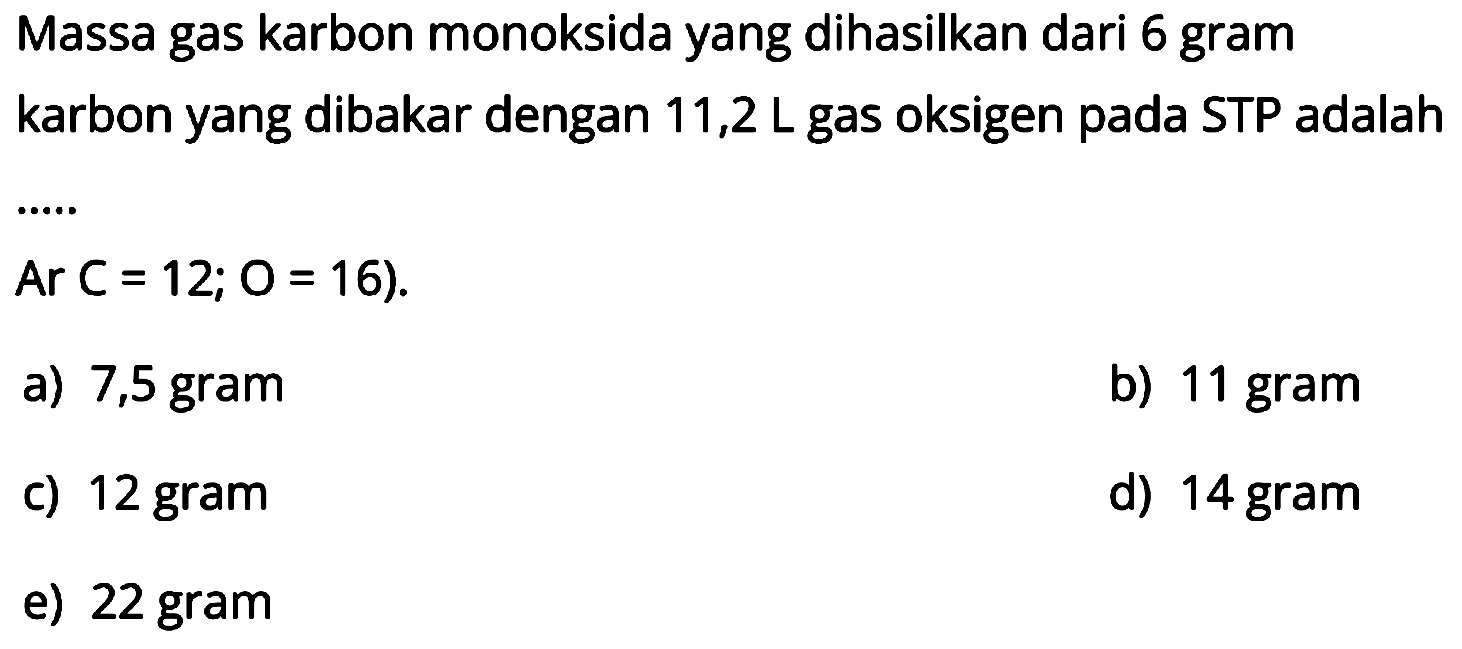 Massa gas karbon monoksida yang dihasilkan dari 6 gram karbon yang dibakar dengan 11,2 L gas oksigen pada STP adalah
 Ar C=12 ; O=16) 
a) 7,5 gram
b) 11 gram
c) 12 gram
d) 14 gram
e) 22 gram