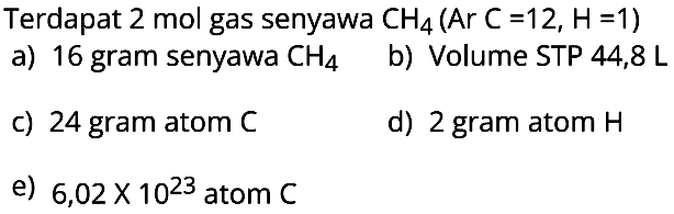 Terdapat 2 mol gas senyawa  CH4(Ar C=12, H=1) 
a) 16 gram senyawa  CH4 
b) Volume STP  44,8 L 
C) 24 gram atom C
d) 2 gram atom  H 
e)  6,02 x 10^23  atom  C 