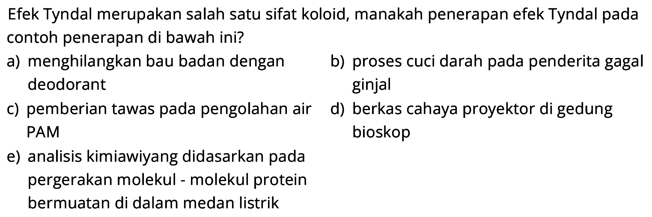 Efek Tyndal merupakan salah satu sifat koloid, manakah penerapan efek Tyndal pada contoh penerapan di bawah ini?
a) menghilangkan bau badan dengan
b) proses cuci darah pada penderita gagal deodorant ginjal
c) pemberian tawas pada pengolahan air
d) berkas cahaya proyektor di gedung PAM bioskop
e) analisis kimiawiyang didasarkan pada pergerakan molekul - molekul protein bermuatan di dalam medan listrik