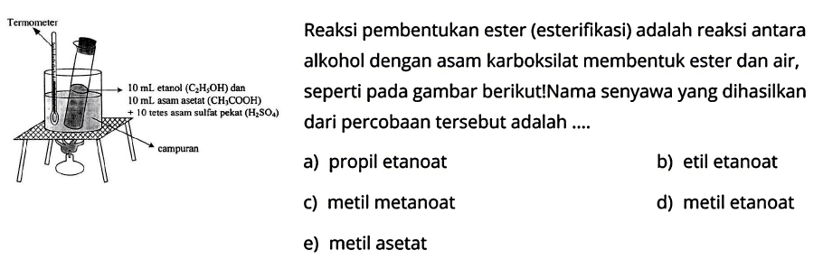 Reaksi pembentukan ester (esterifikasi) adalah reaksi antara alkohol dengan asam karboksilat membentuk ester dan air, seperti pada gambar berikut! Nama senyawa yang dihasilkan dari percobaan tersebut adalah .... Termometer 10 mL etanol (C2H5OH) dan 10 mL asam asetat (CH3COOH) + 10 tetes asam sulfat pekat (H2SO4) campuran