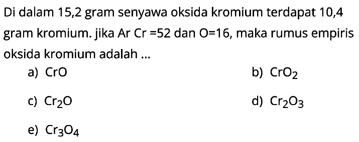 Di dalam 15,2 gram senyawa oksida kromium terdapat 10,4 gram kromium. jika Ar  Cr=52  dan  O=16 , maka rumus empiris oksida kromium adalah ...
