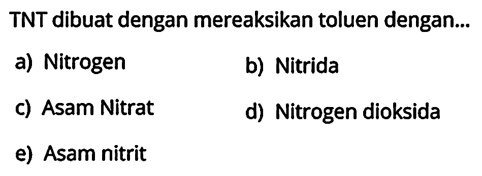 TNT dibuat dengan mereaksikan toluen dengan...
